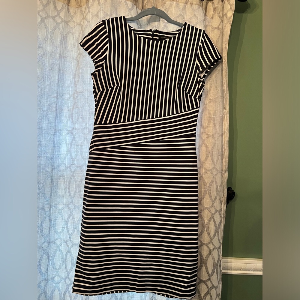 Banana Republic Navy Blue and White Sheath Dress with Ruched Wrap